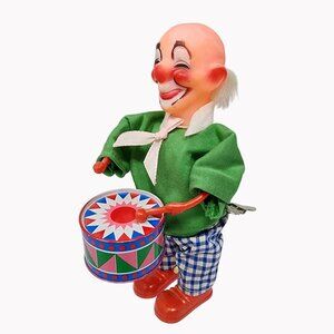 Vintage Wind-Up Tin Toy Clown Playing Drum 7" Tested  works great